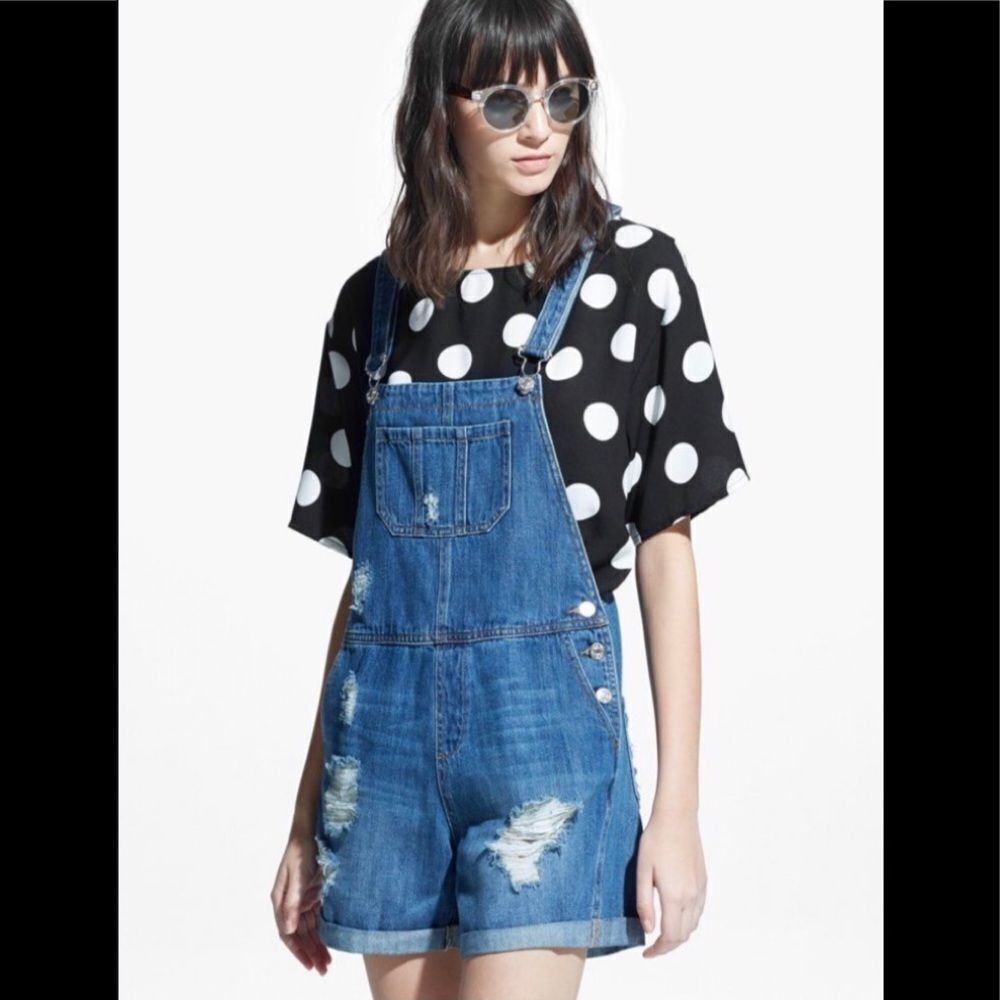Mango Medium Wash Blue Denim Distressed Overalls M